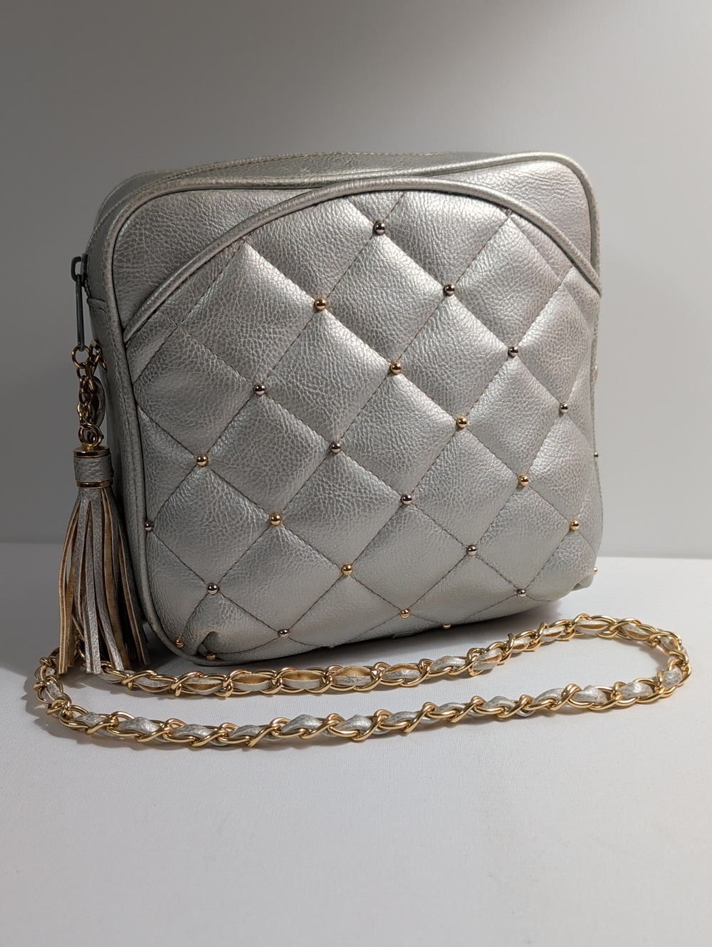 Vintage Saddle River Metallic Quilted Studded Crossbody Bag